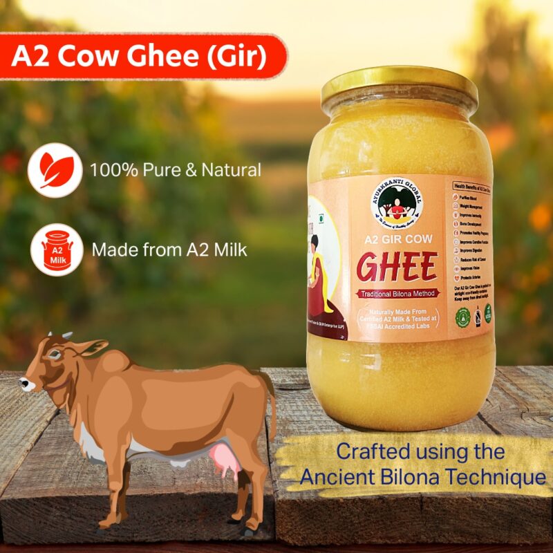 A2 Gir Cow Ghee (500 ml,1L,2L) | Traditional Bilona Method A2 Cow Ghee | Grassfed, Pure and Healthy Desi Cow Ghee (Glass Bottle)
